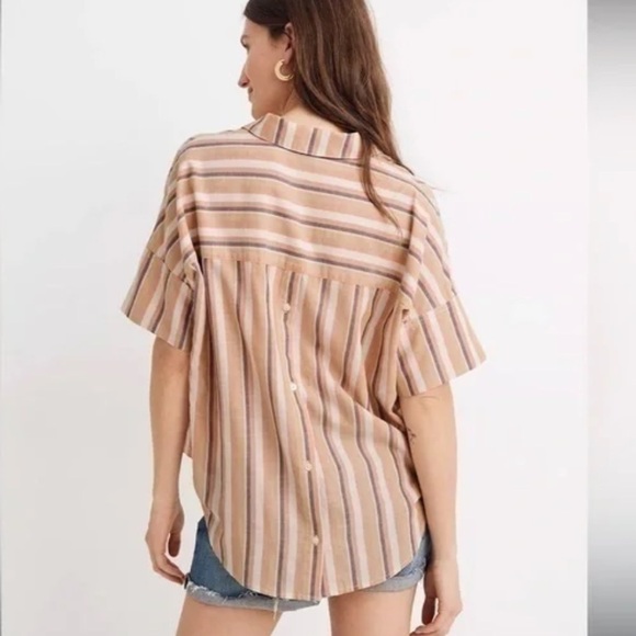 MADEWELL Courier Button-Back Short Sleeve Shirt in Rainbow Stripe Size XS - Picture 2 of 8